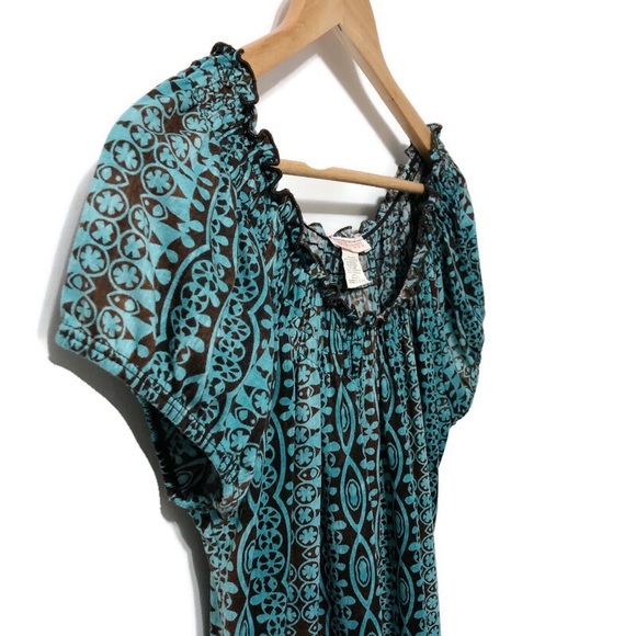 CLAUDIA RICHARD Boho Peasant Top Blue Brown Sz LG - Picture 4 of 15
